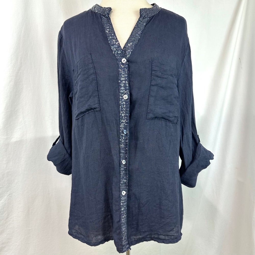 PIAZZA ROMA Navy 100% Linen Made In Italy Roll Tab Sleeve Collar Blouse Women L